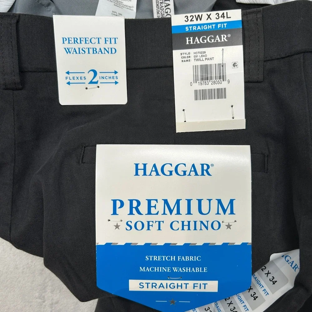 Haggar Premium Soft Chino Twill Pants Mens 32x34 Gray Straight‎ Fit NEW
